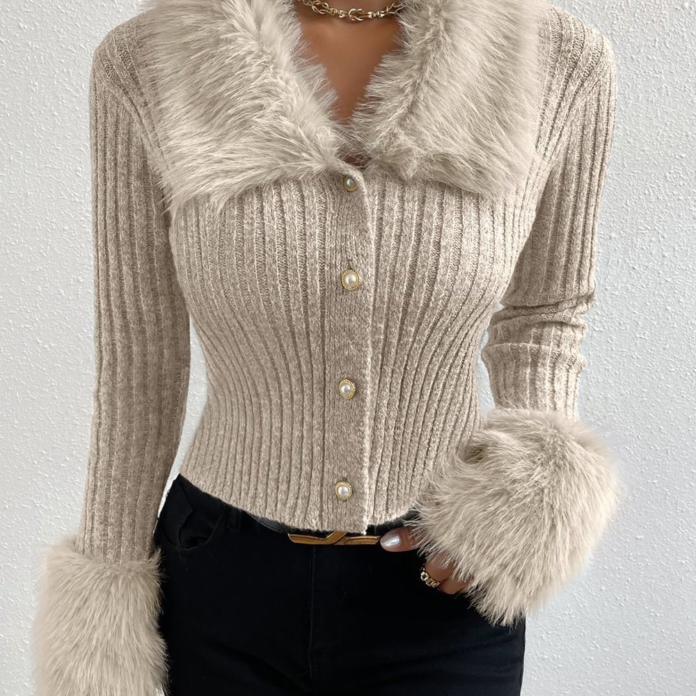 Apricot Preppy Women's Furry Collar Long Sleeve Knitted Ribbed Cardigan - Picture 4 of 5